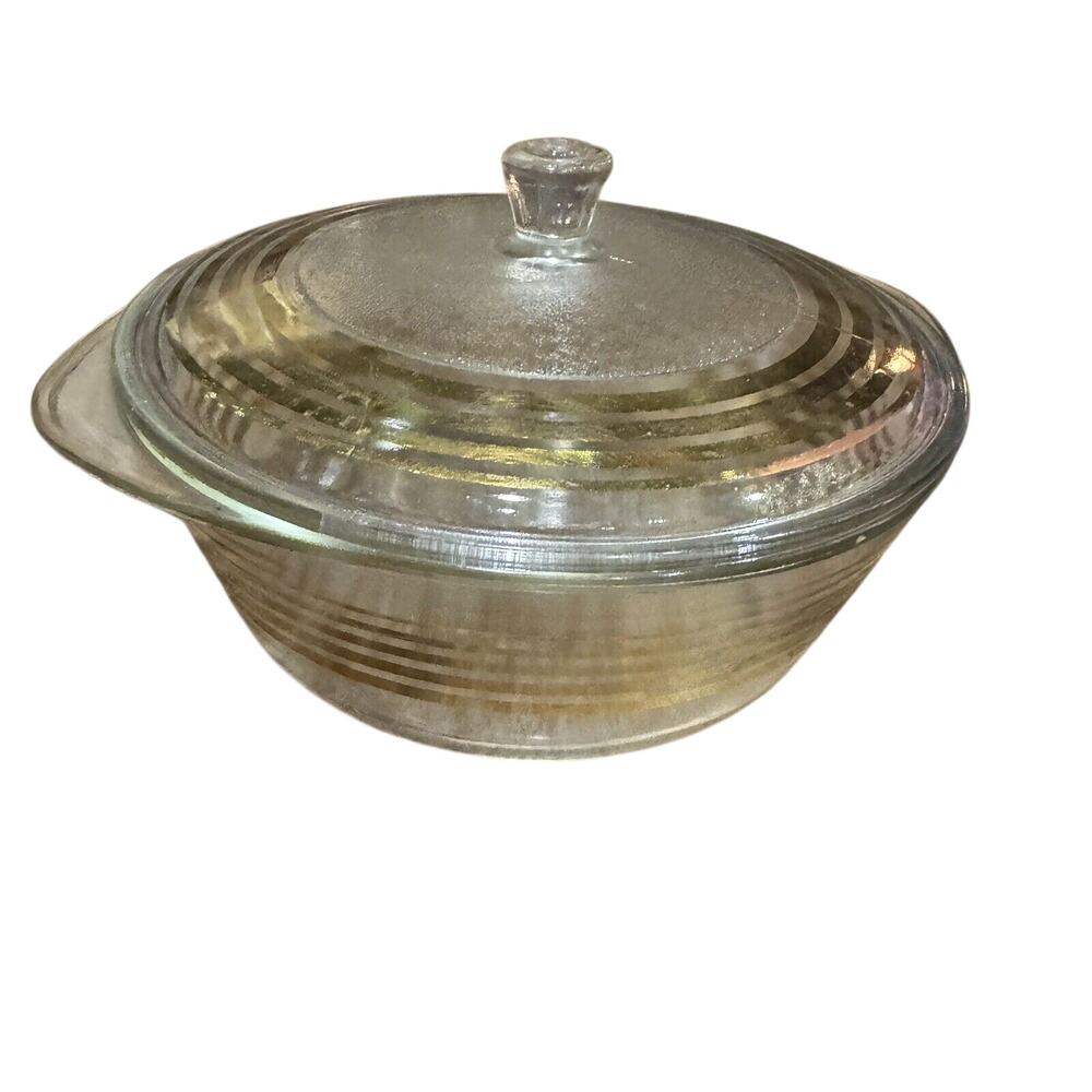 Vintage Inland Glass Gold Striped 8" Casserole Lidded Dish Clear - BUB